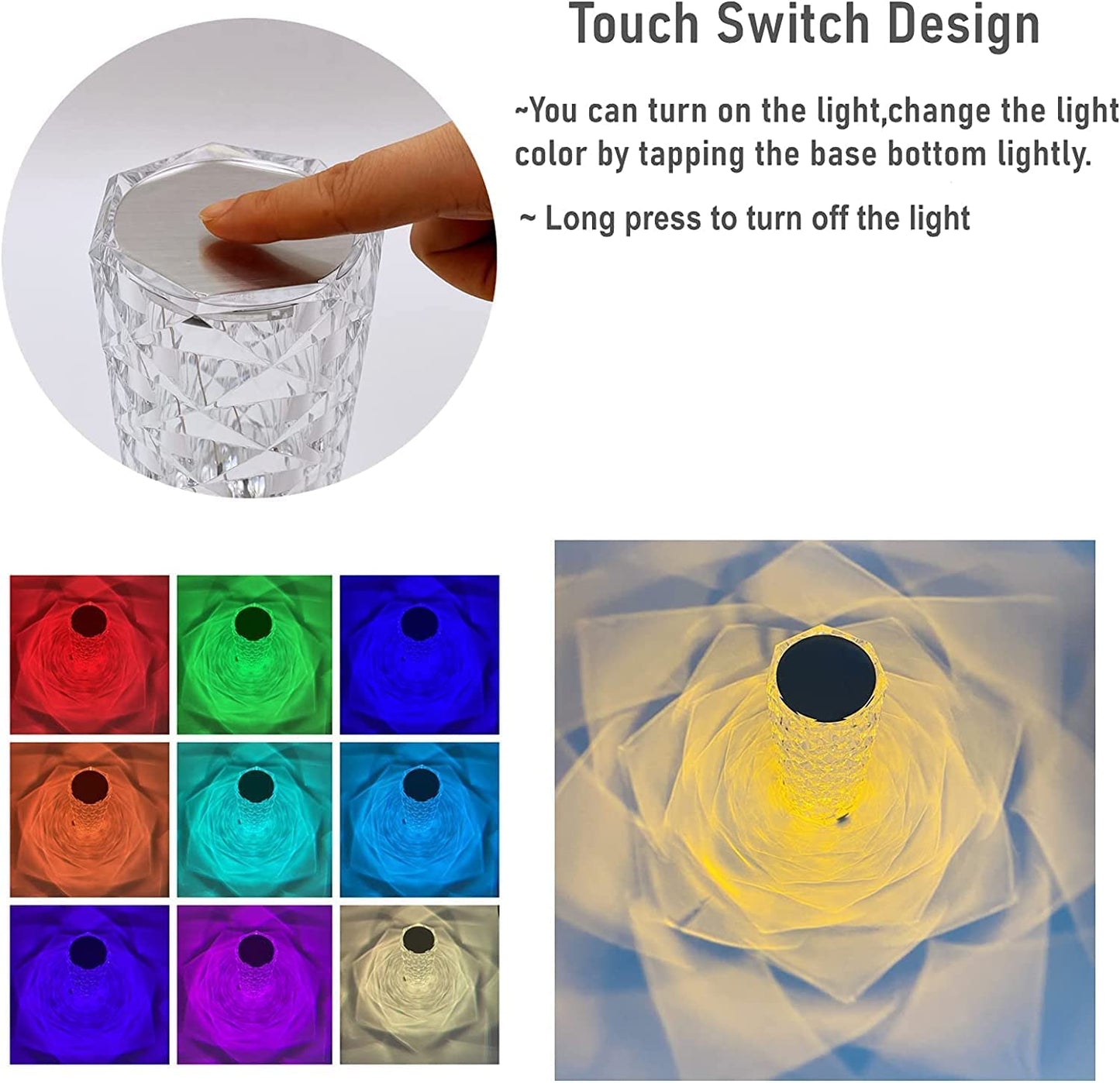 Rose Diamond Table Lamp RGB Atmosphere Light USB Charging Torch Lamp 16 Color.