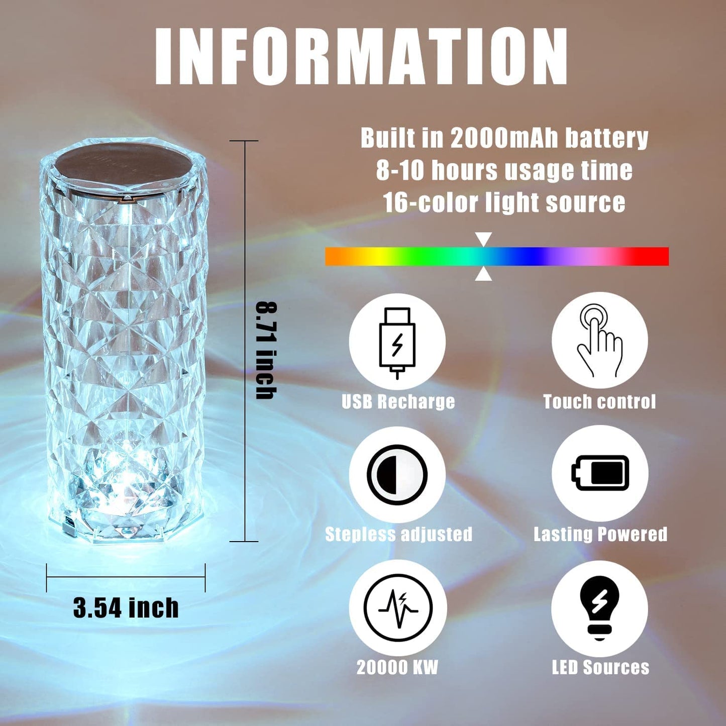 Rose Diamond Table Lamp RGB Atmosphere Light USB Charging Torch Lamp 16 Color.