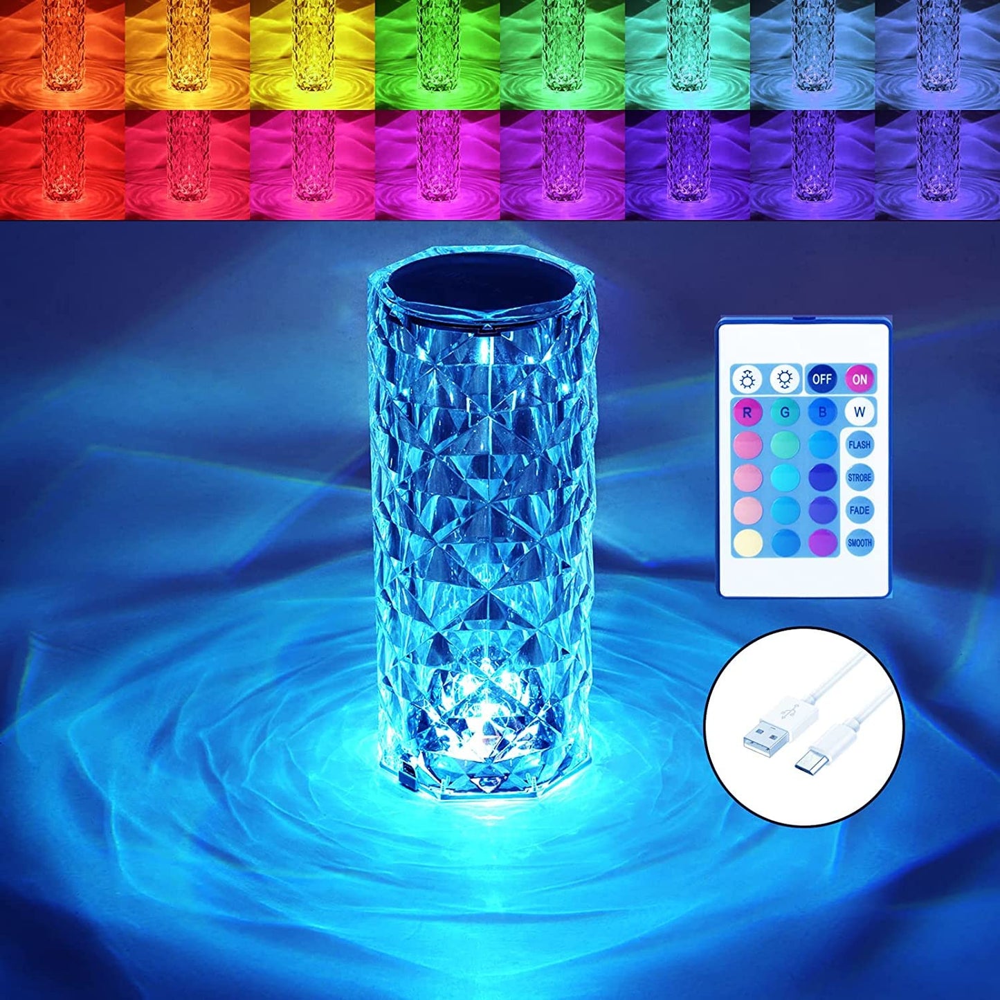 Rose Diamond Table Lamp RGB Atmosphere Light USB Charging Torch Lamp 16 Color.